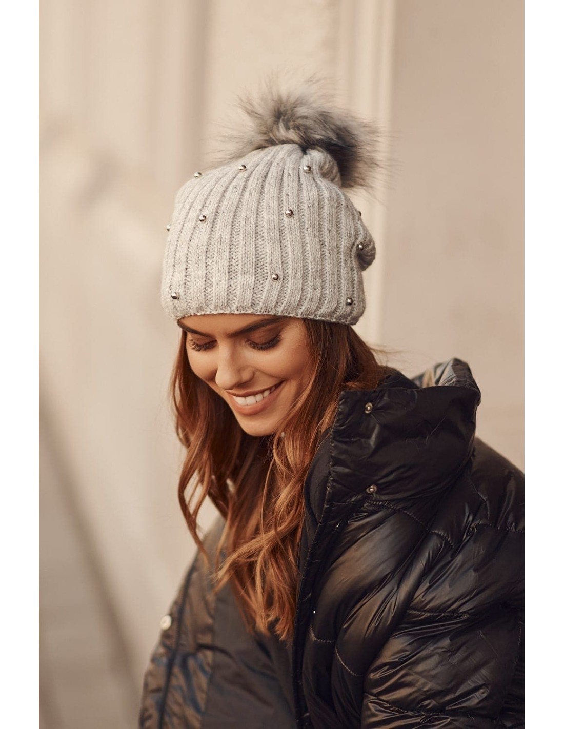 Warm hat with beads and pompom, light gray C64 - Online store - Boutique